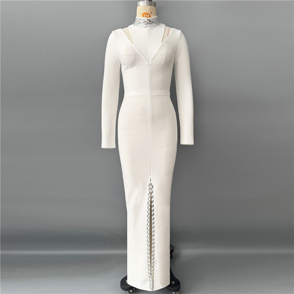 Bead Long Sleeve Bandage One Piece Dress Ladies Party Elegant Graceful Formal Dress by Ragazza