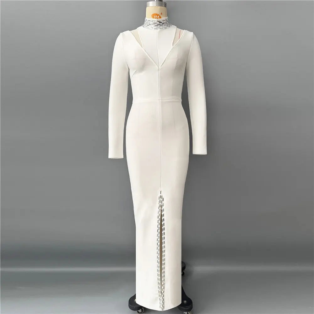 Bead Long Sleeve Bandage One Piece Dress Ladies Party Elegant Graceful Formal Dress