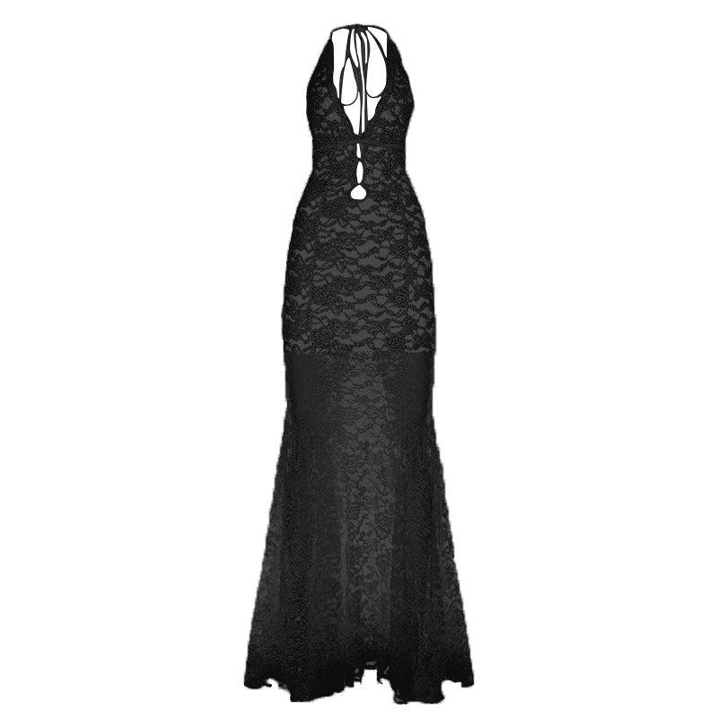 Vacation Sexy Lace Back Hollow Out Cutout out Strap Halter Deep V Plunge neck Slim Fit Dress Sexy See through Dress by Ragazza