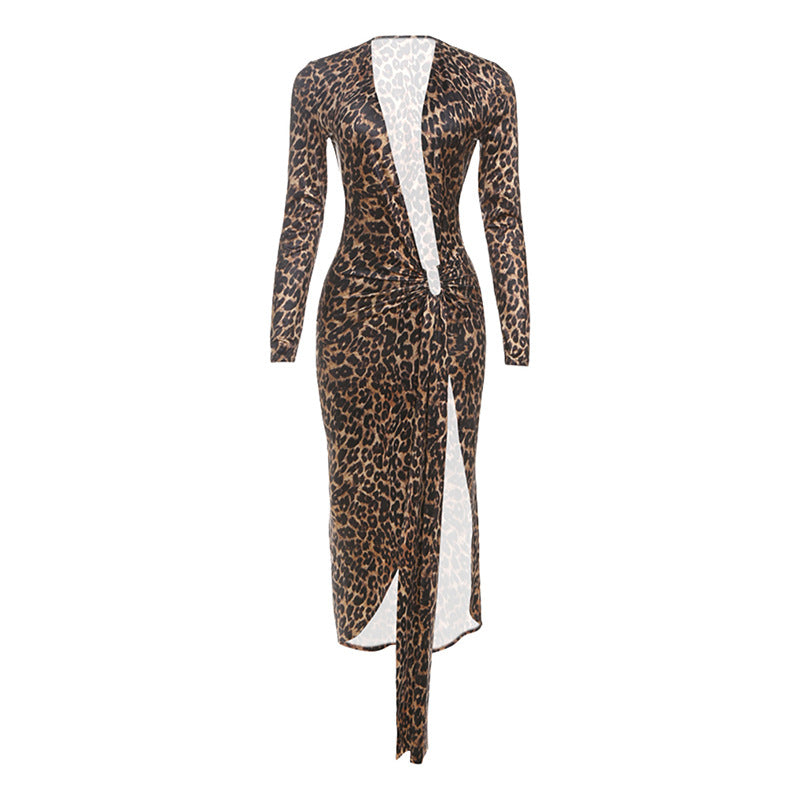 Summer Women Sexy Leopard Print Deep V Plunge Split Pleated Waist Tight Long Sleeve Dress DestGlow