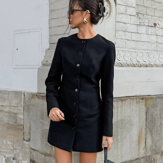 Autumn Niche Design round Neck Long Sleeve Waist Tight Slim Fit A line Dress Elegant Long Blazer for Women by Ragazza