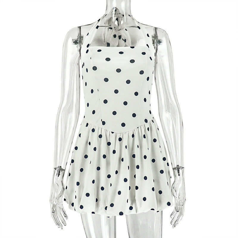 Black White Women Printed Wear Polka Dot Cinched Pleated A line Dress Halter Short Sleeveless Dress Tide by Ragazza