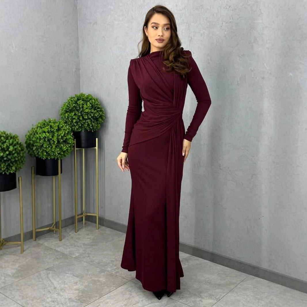 Autumn Women Long Sleeve Fitted Waist Pleated Slim Maxi Dress by Ragazza