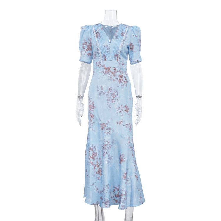 Digital Printing High Grade French Dress Women Arrival V neck Pleated Puff Sleeve High Waist Sheath Dress DestGlow