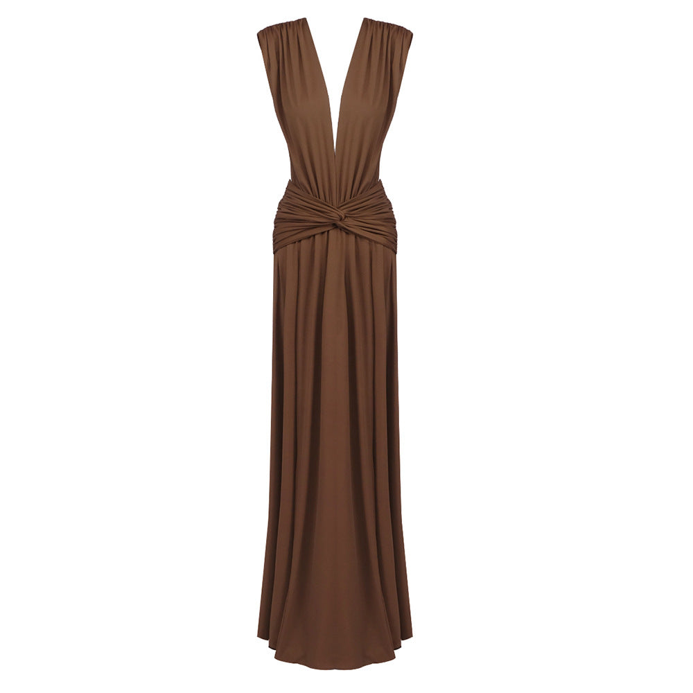 Sexy Brown Twisted Pleated Sleeveless Deep V Plunge Women Clothing Hip Dress DestGlow