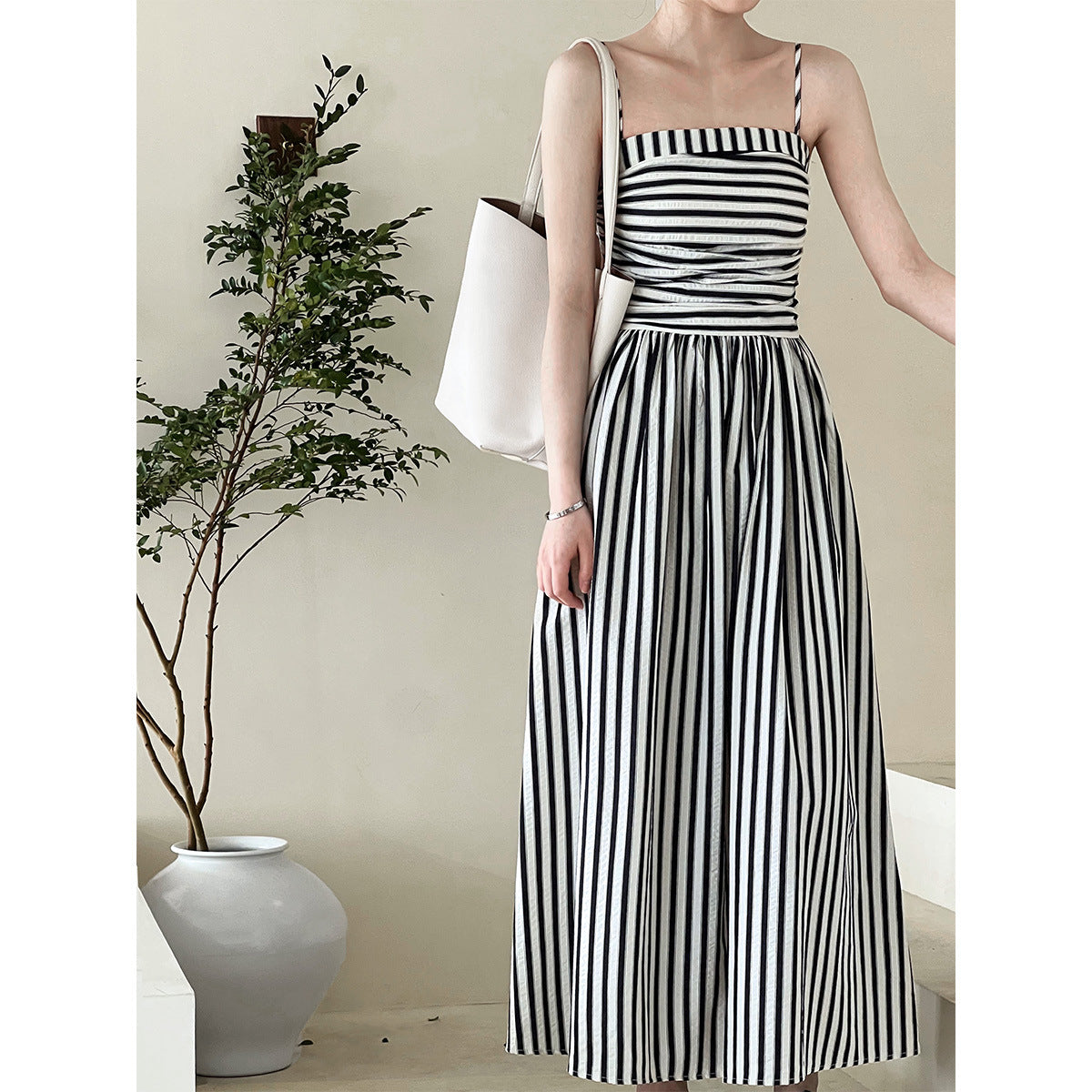French Striped Bandeau Sling Dress Women High Grade off the Shoulder Pleated Waist Tight A line Long Summer by Ragazza