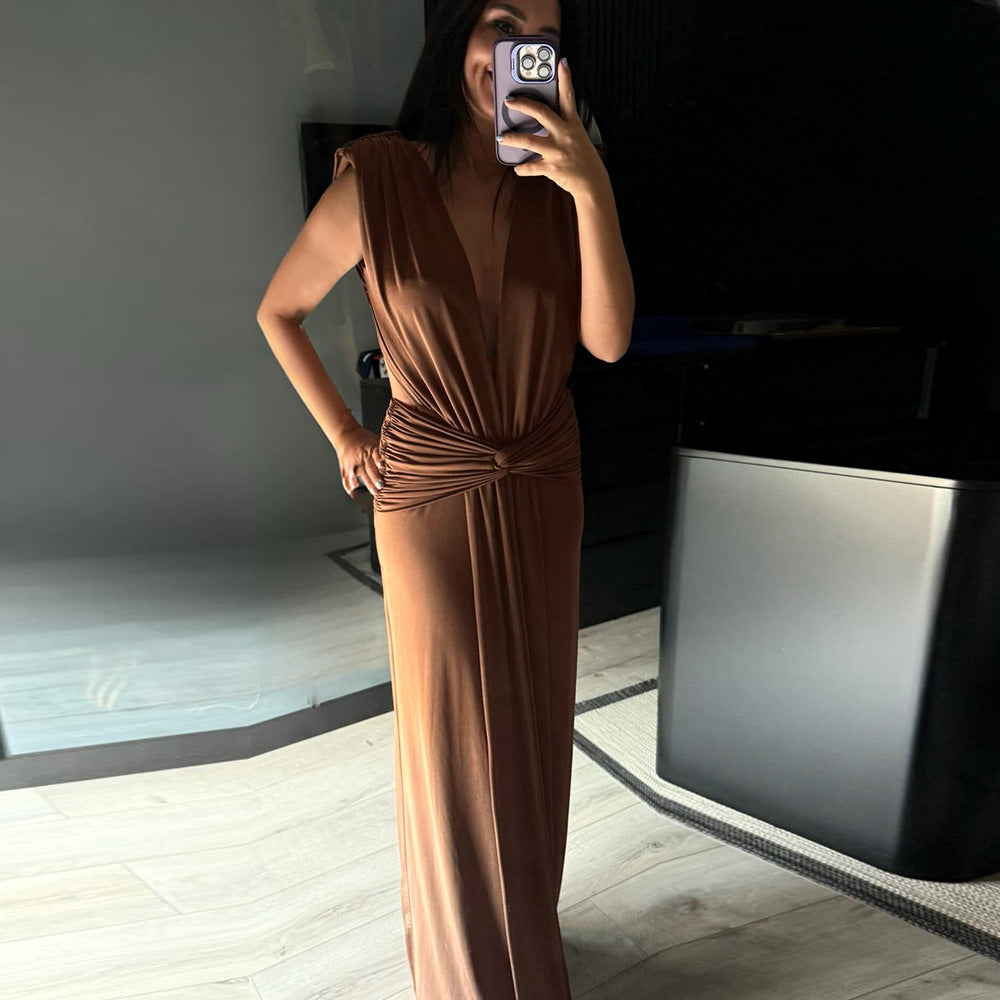 Sexy Brown Twisted Pleated Sleeveless Deep V Plunge Women Clothing Hip Dress DestGlow