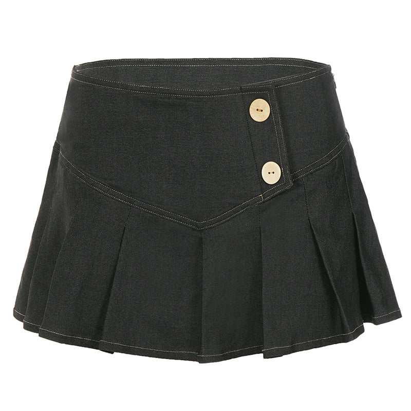 Retro Button Pleated Skirt Women Sexy Casual Street Low Waist Slimming Skirt by Ragazza