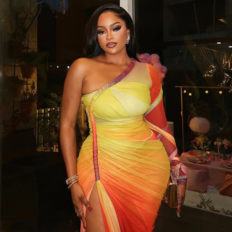 Women Clothing Pleated Color Matching Slit Slim Fitting Asymmetric Diagonal Collar Shoulder Long Sleeve Dress by Ragazza