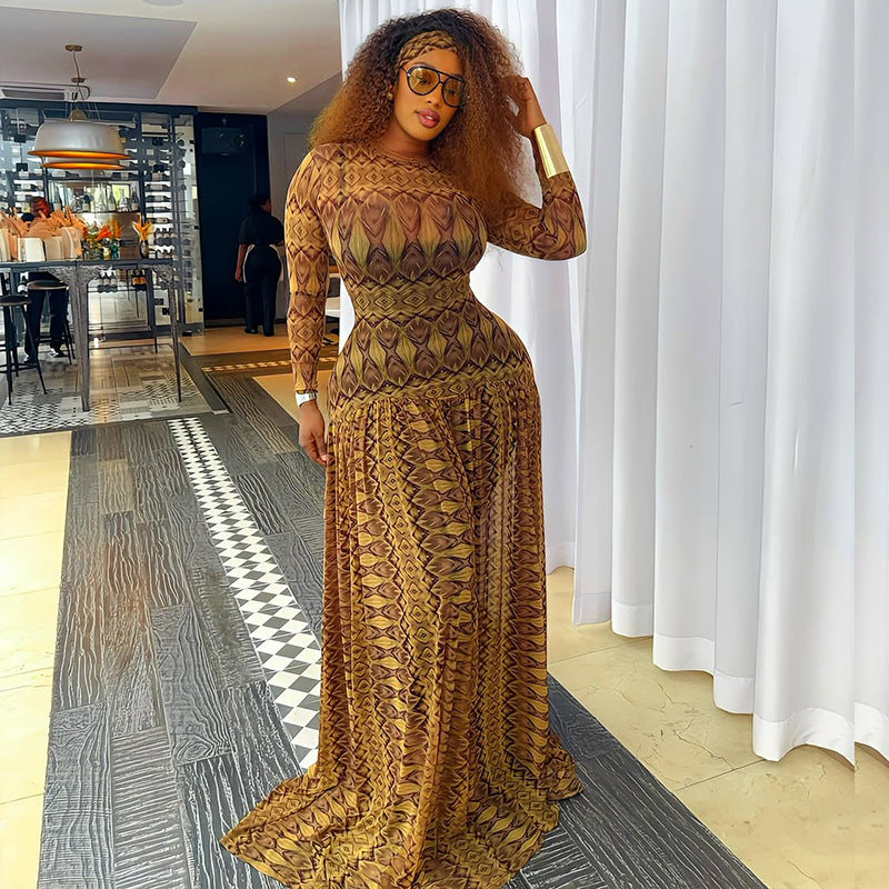 Elegant Retro Women Waist Slimming Micro Transparent A line Printing round Neck Long Sleeved Dress by Ragazza