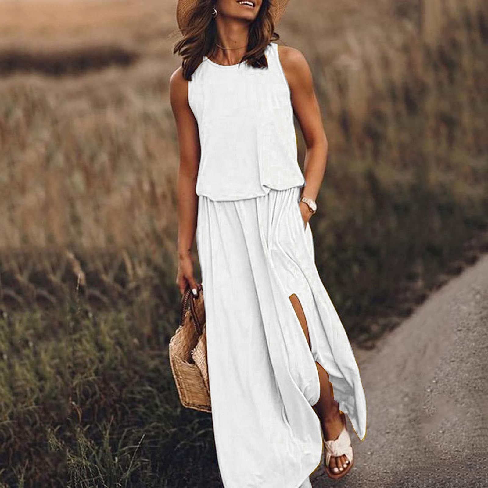 Spring Summer Women Clothing round Neck Sleeveless Dress Split Solid Color Casual Office Dress by Ragazza