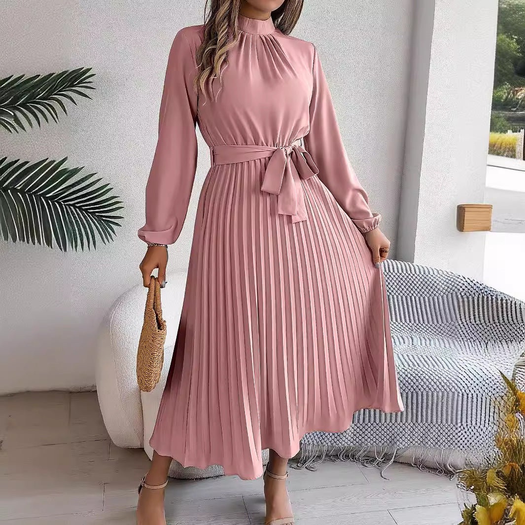 Autumn Winter Elegant Stand Collar Long Sleeve Cinched Pleated Maxi Dress Small Dress Women Clothing DestGlow
