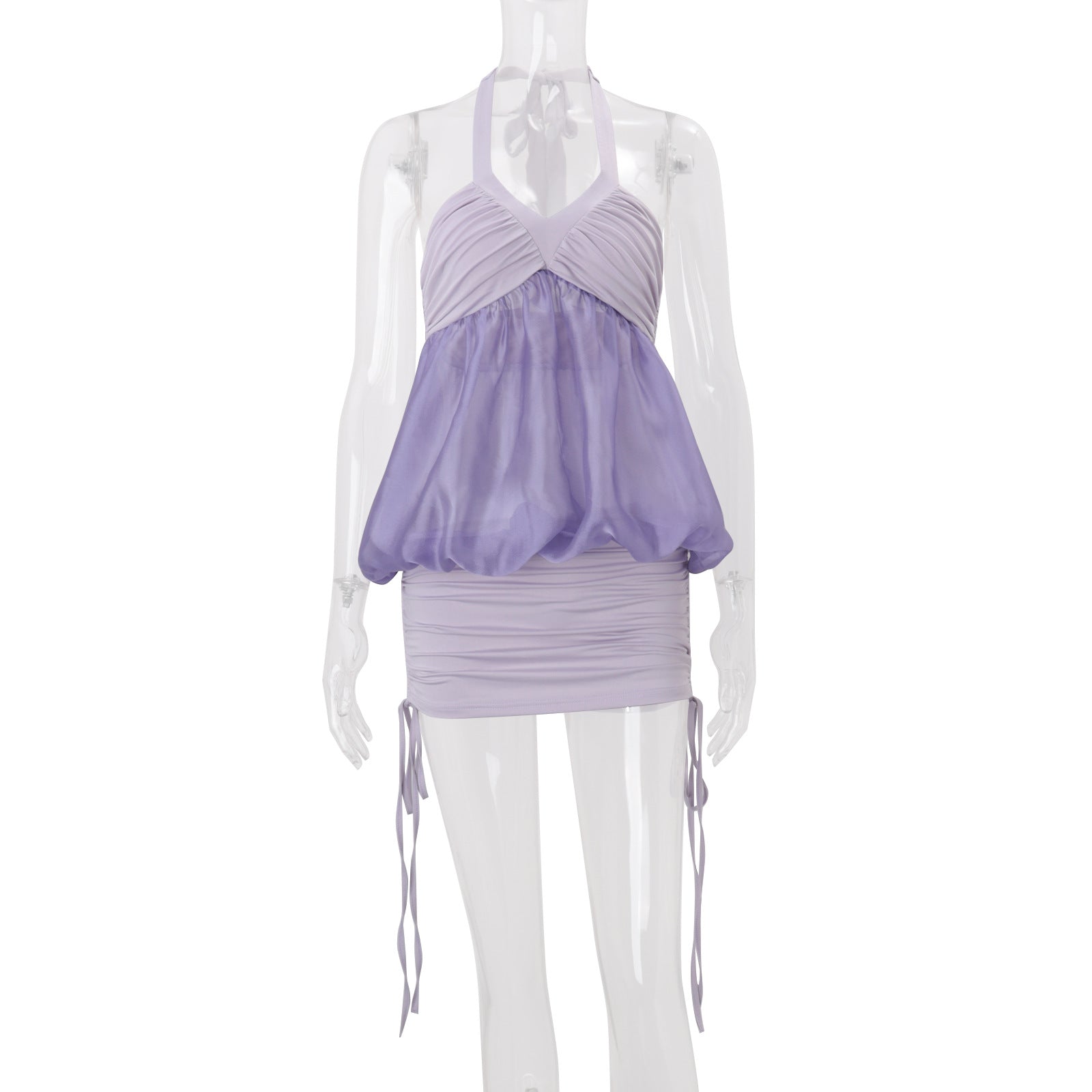 Women Clothing Summer off Shoulder Halter Pleated See through Color Matching Sleeveless Sheath Dress DestGlow