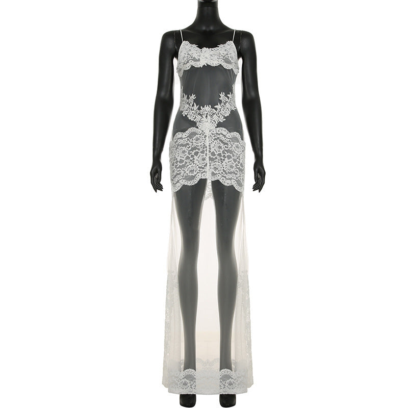 Summer Women Mesh Lace Lace Spaghetti Strap Dress See through Sexy Nightdress Vacation Maxi Dress by Ragazza