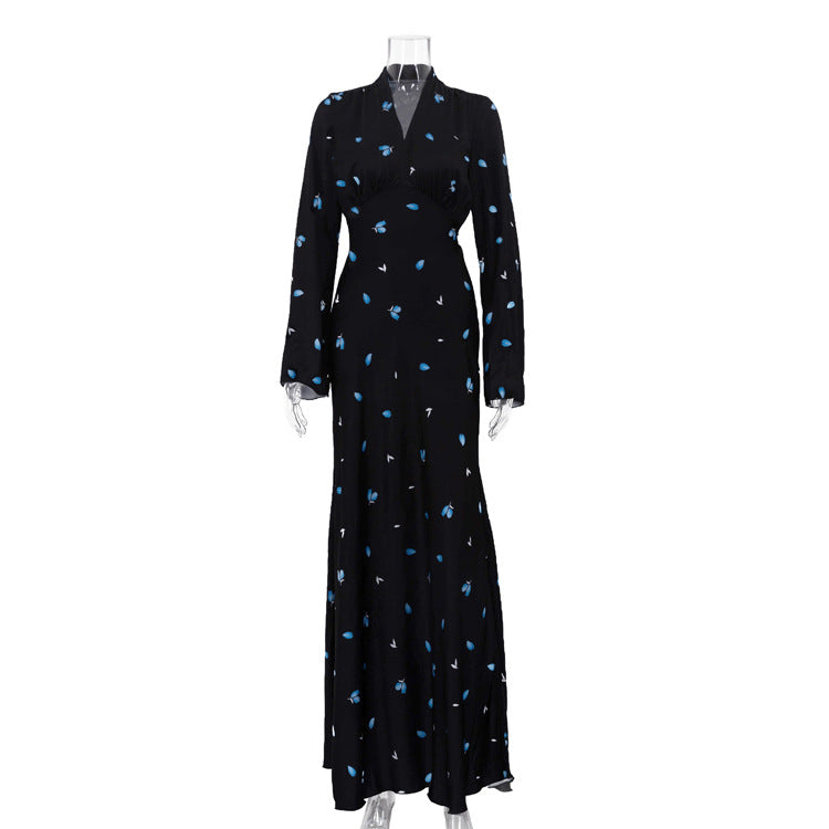 Elegant V neck Bell Sleeve French A line Dress Women Clothing High Waist Floral Dress DestGlow