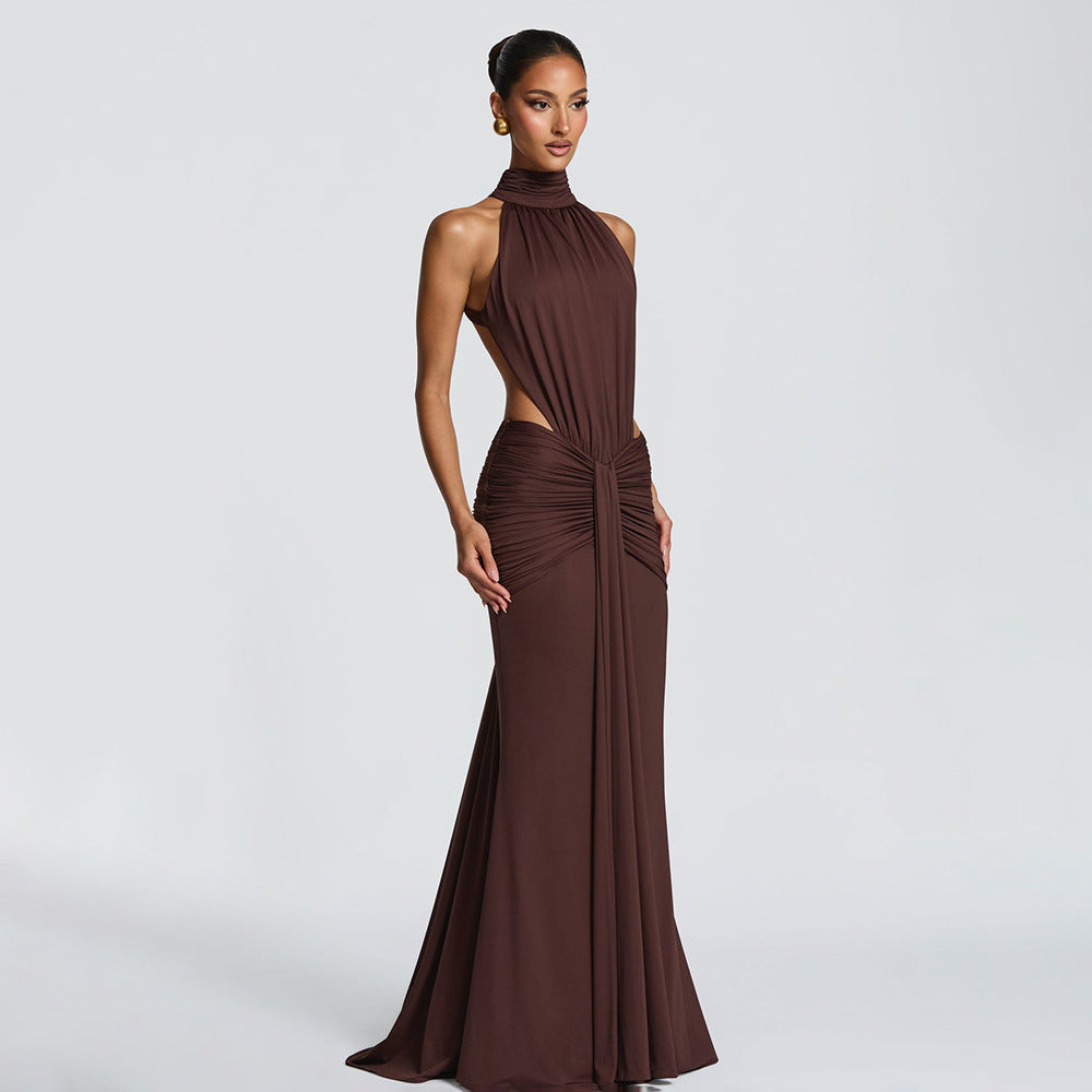 Halter Pleated Slim Fit Maxi Dress High Neck Sexy Backless Cocktail Dress DestGlow