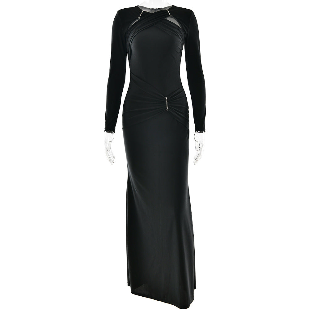 Dress Women round Neck Long Sleeve Sexy Slim Pleated Maxi Dress Elegant Dress by Ragazza