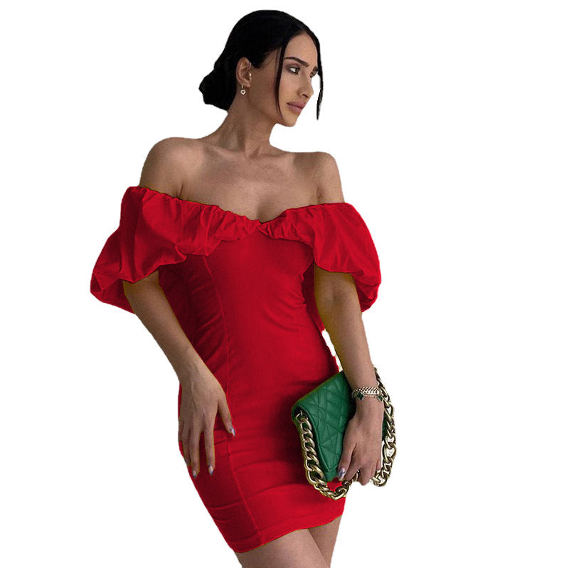 Spring Casual Vacation Tight Waist Slimming Sense Design Pleated Off Shoulder Hip Bag Dress by Ragazza