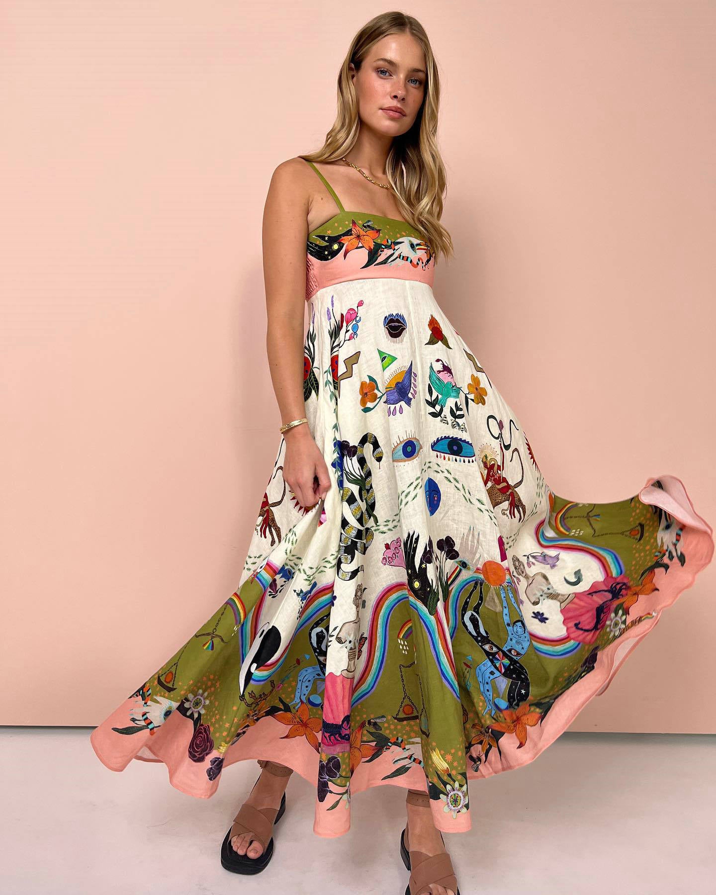 Sexy Women Clothing Cotton Linen Sleeveless Graffiti Printing Sleeveless Swing Dress Amplified craft by Ragazza