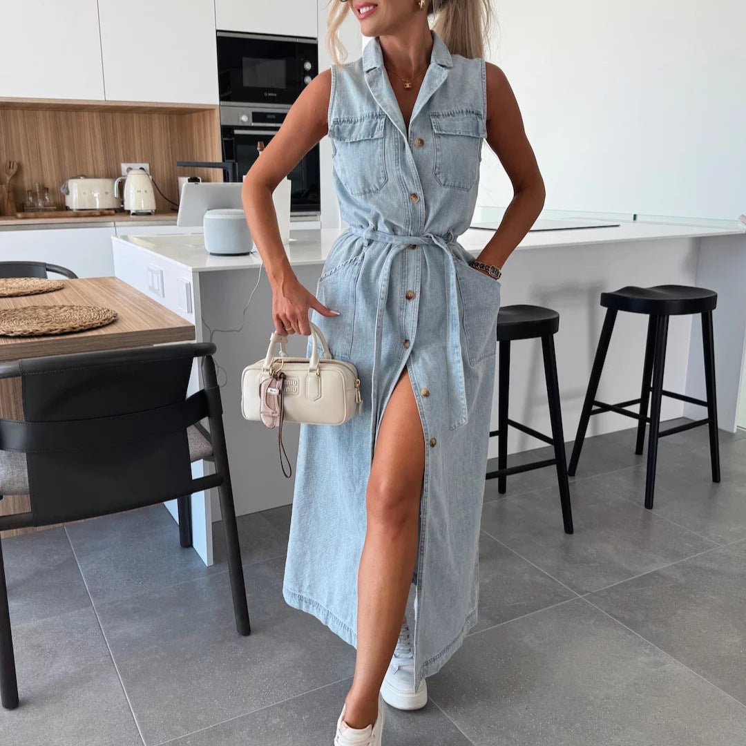 Women Sleeveless Long Tie Waist Single Breasted Denim Dress by Ragazza