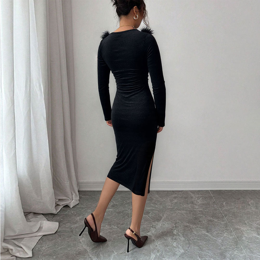 Black Plush Neckline Dress Women Fall Winter Slim Maxi Dress Side Slit Elegant Dinner Dress by Ragazza