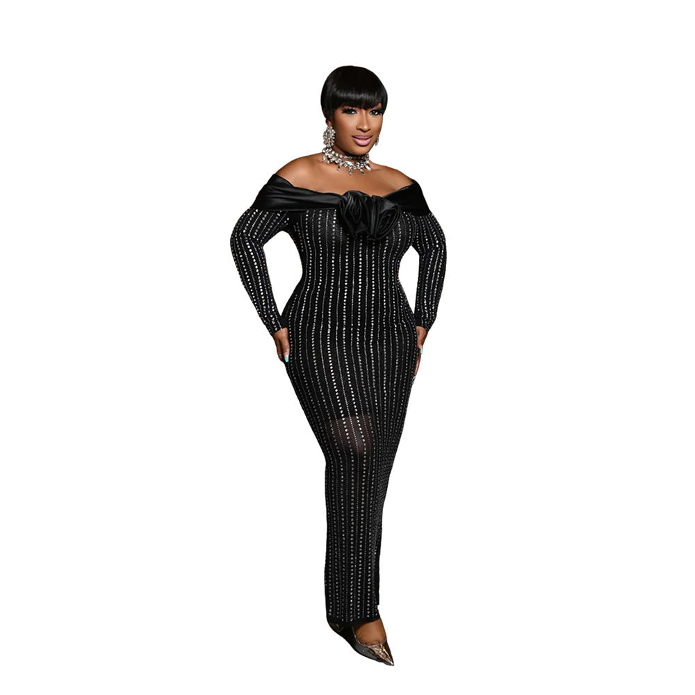 Off Shoulder Rhinestone Contrast Color Corsage Long Sleeve Dress Cocktail Dress DestGlow