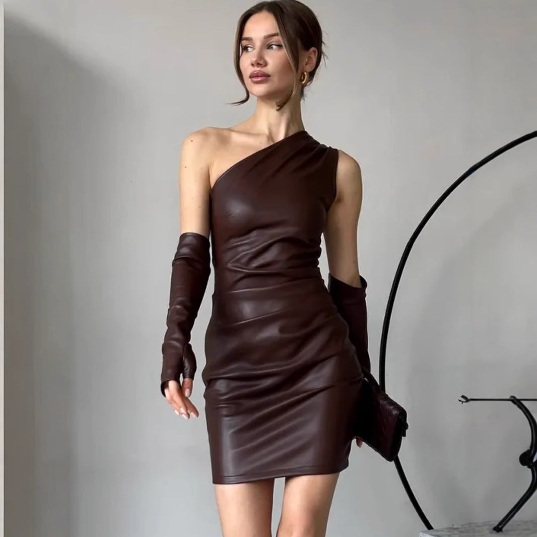 Faux Leather Dress Street Hipster Women Clothing Diagonal Collar Sleeveless Oversleeve Tight Waist Sheath Dress by Ragazza