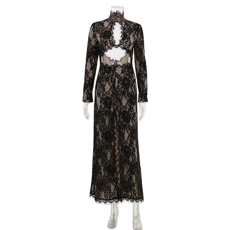 Women Clothing Sexy Cutout Design Turtleneck High Slit Red Carpet Lace Dress Women DestGlow