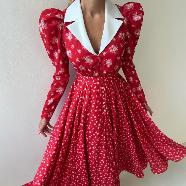 Contrast Color Design Collared Long Sleeve A line Women Waist Controlled Printed Large Swing Dress by Ragazza