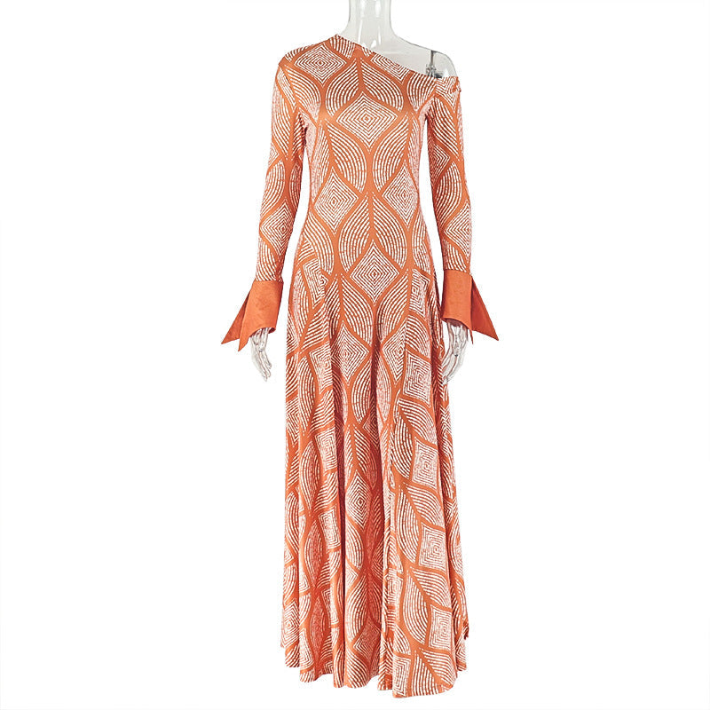Slim Fit Fresh Women Pleated A line Dress Shoulder Collar Oblique Long Sleeve Dress by Ragazza