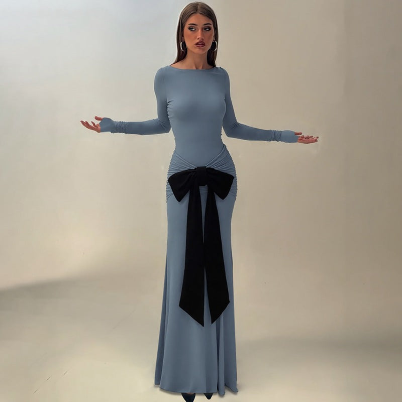 Women Clothing Summer Solid Color Pleated Waist Controlled Lace up Long Sleeve Dress Women by Ragazza