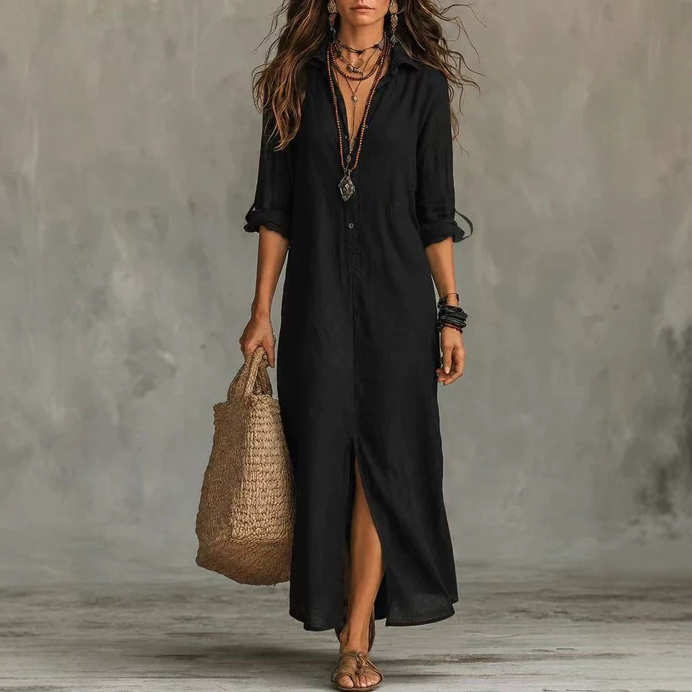 Women Elegant Button Collared Slit Elegant Dress DestGlow