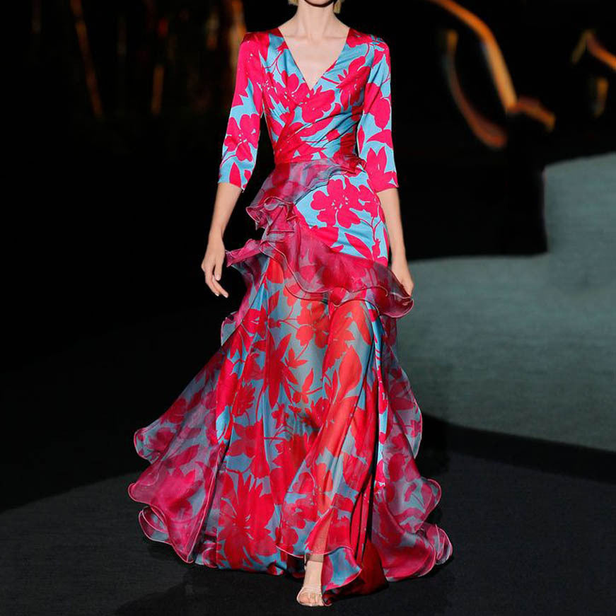 Dress Women Clothing Printed Maple Leaf Slim Multi Layer V neck Dress DestGlow