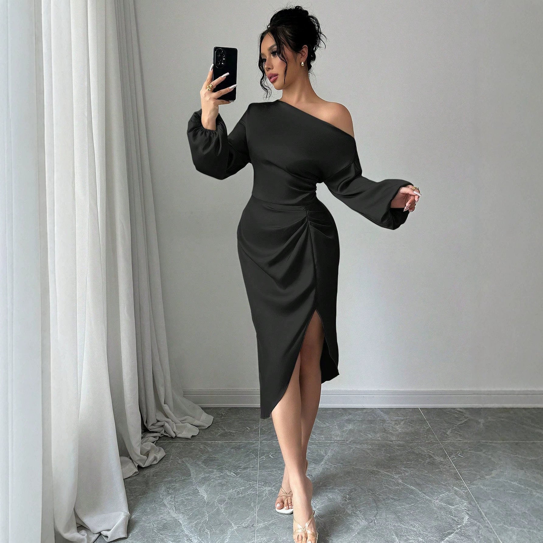 One Shoulder Cold Shoulder Long Sleeve Dress Fitted Waist Pleated Irregular Asymmetric Slit Midi Dress Elegant Evening Dress by Ragazza