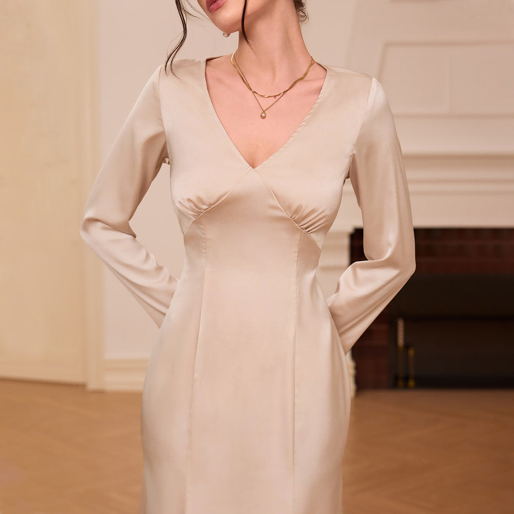 Women Clothing French V neck Satin Dress Autumn Winter High Waist Slim Dress DestGlow
