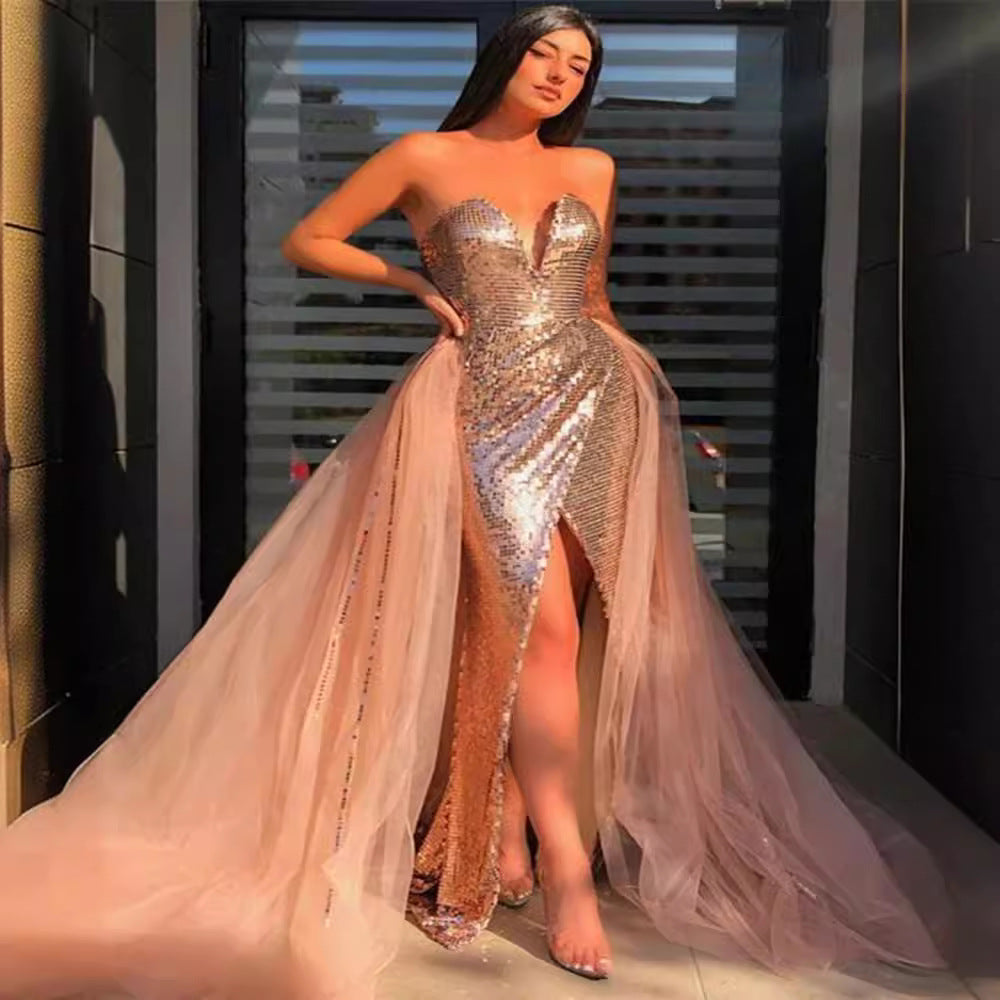 Spring Summer Women Clothing Sexy Bronzing Wrapped Chest Slit Dress Evening Dress by Ragazza