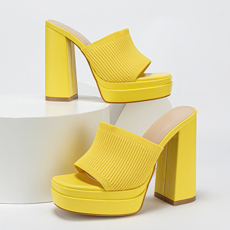 Women Shoes Popular Spring Summer Catwalk Platform Knitted Fashionable Chunky Heel Women High Heel Slippers DestGlow