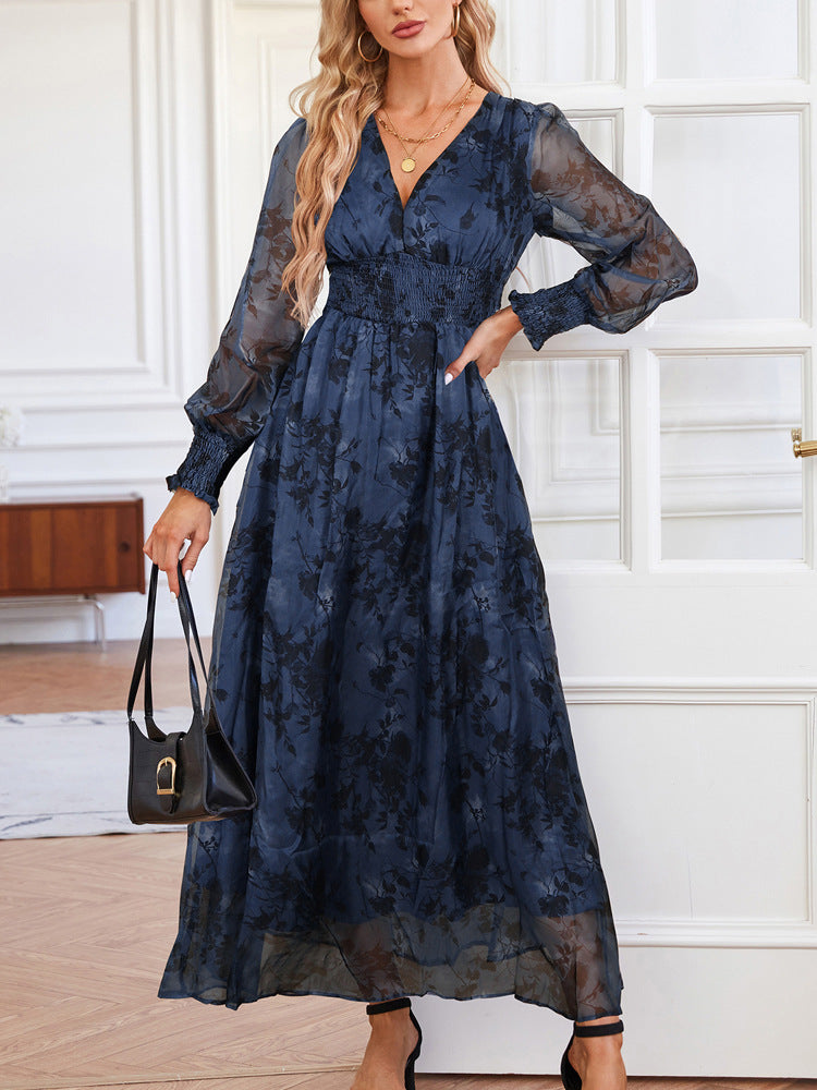 Autumn Women Casual Bohemian Printed Maxi Dress Deep V Plunge neck Long Sleeve Evening Dress by Ragazza