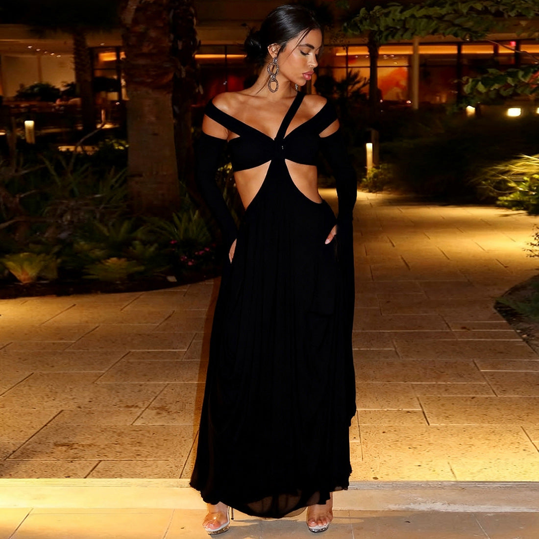 Autumn Winter Women Hanging Collar Solid Color Stitching Oversleeve Sexy Cutout Sexy Dress by Ragazza