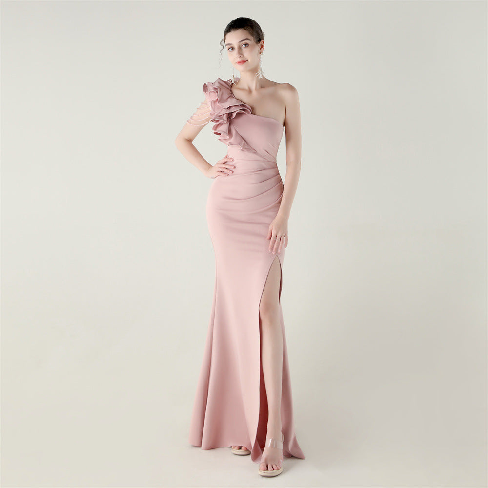 Single Shoulder Craft Beaded Nail Hair Wave Floral Satin High Slit Sexy Evening Dress Evening Cocktail Wedding by Ragazza
