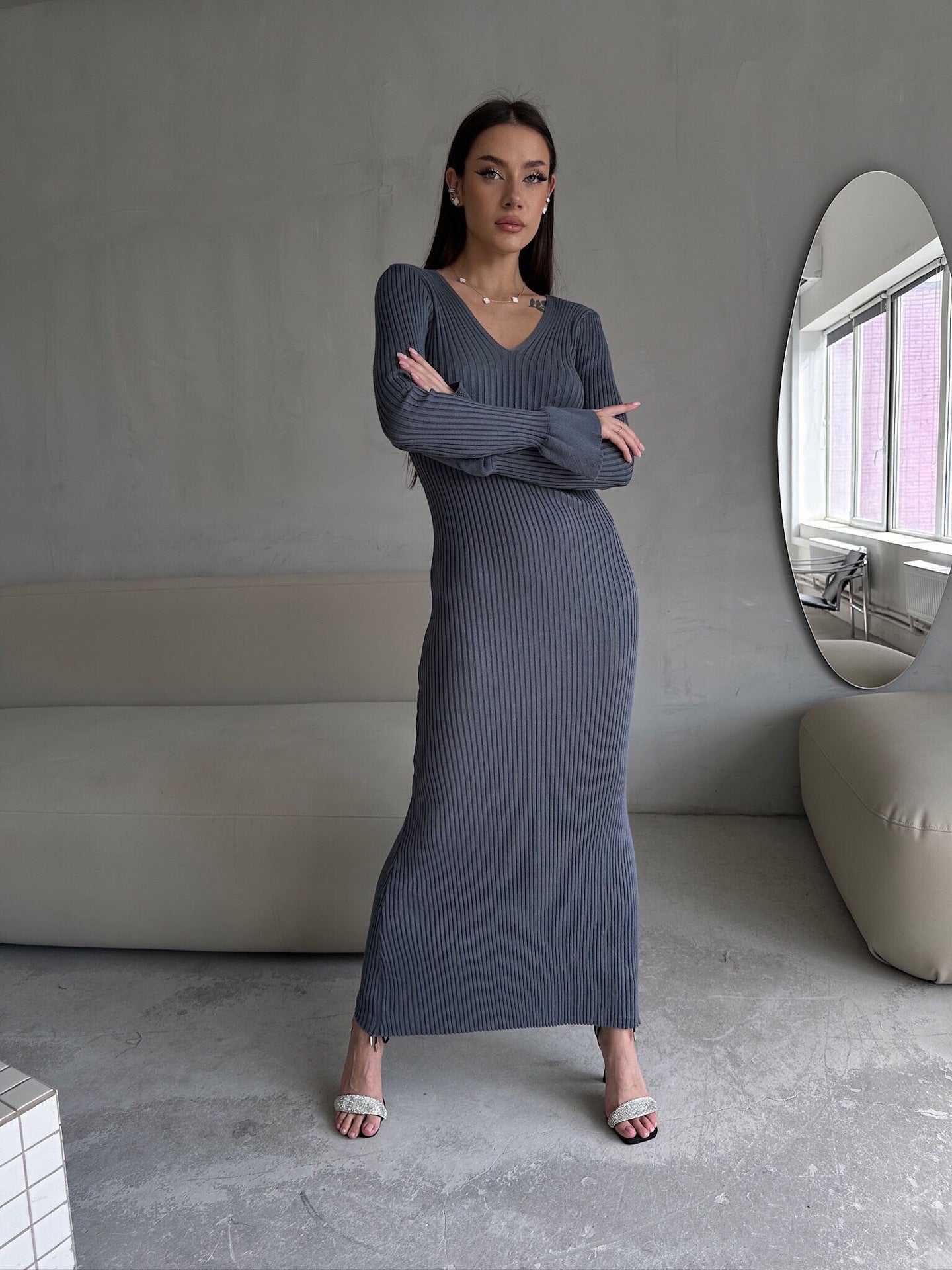 Long Sleeve V neck Tight Knitted Dress Solid Color Rib Fabric Wool Long Autumn Winter Dress by Ragazza