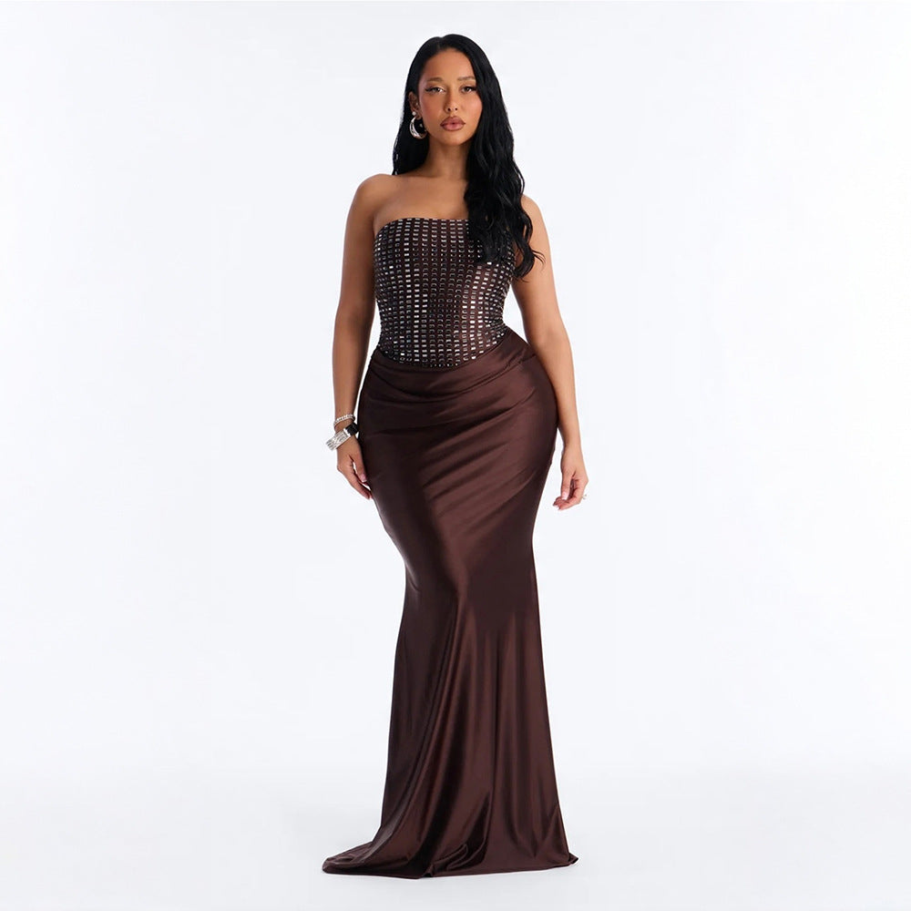 Rhinestone Tube Top Maxi Dress Solid Color off the Shoulder Evening Dress DestGlow