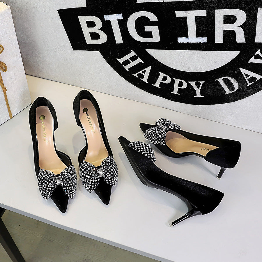 Super Large Rhinestone Bow Pointed Slip on Side Hollow Out Cutout Suede Pumps Women DestGlow