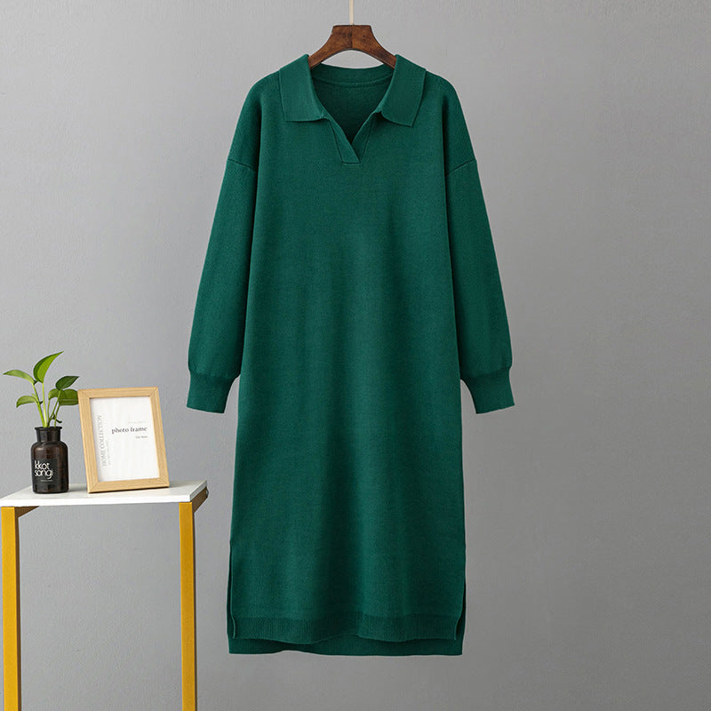 Autumn Winter Polo Collar Base Knitting Loose Solid Color Women Dress by Ragazza