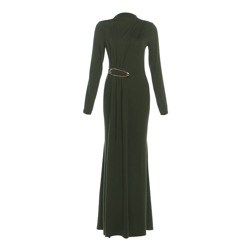 Autumn Winter Women Elegant Slim Formal Dress Solid Color Ribbon Dress