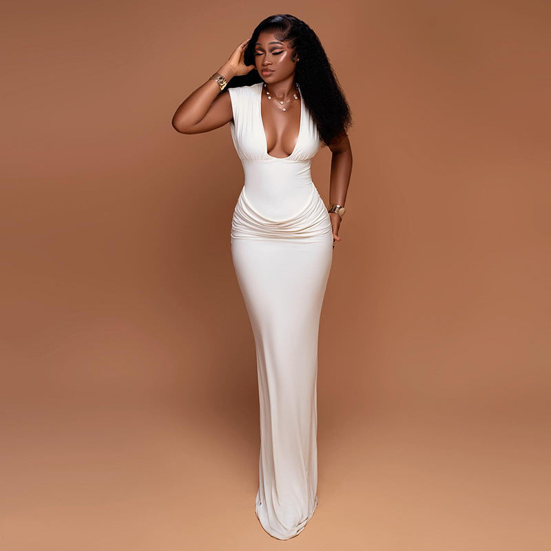 Simple Slim Fit Women Street Pleated Hip Dress Sexy V neck Sleeveless Elegant Dress by Ragazza