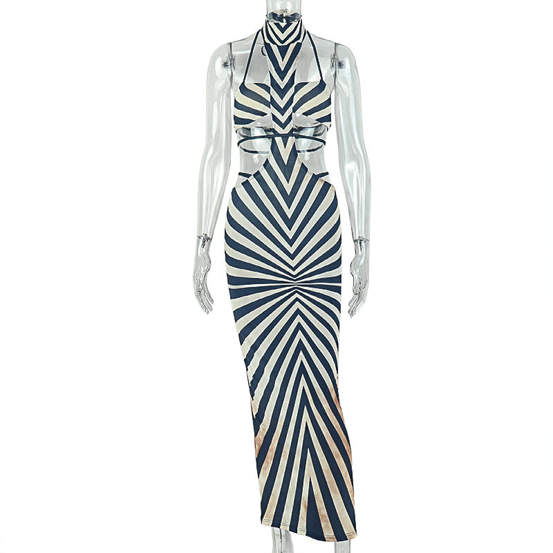 Women Clothing Zebra Print Hip Dress Backless Hanging Collar Lace up Dress DestGlow