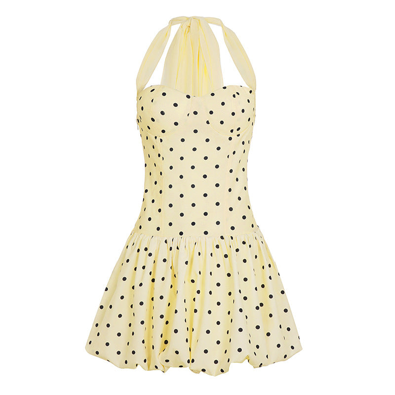 Classic Elegant Polka Dot Ribbon Halter Dress Women Waist Controlled Vacation Bud Short Dress by Ragazza