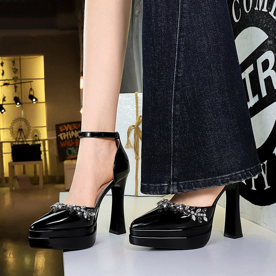 Sexy Rhinestones Buckle Double Layer Waterproof Platform Ultra High Heel Patent Leather Hollowed Sandals Women DestGlow