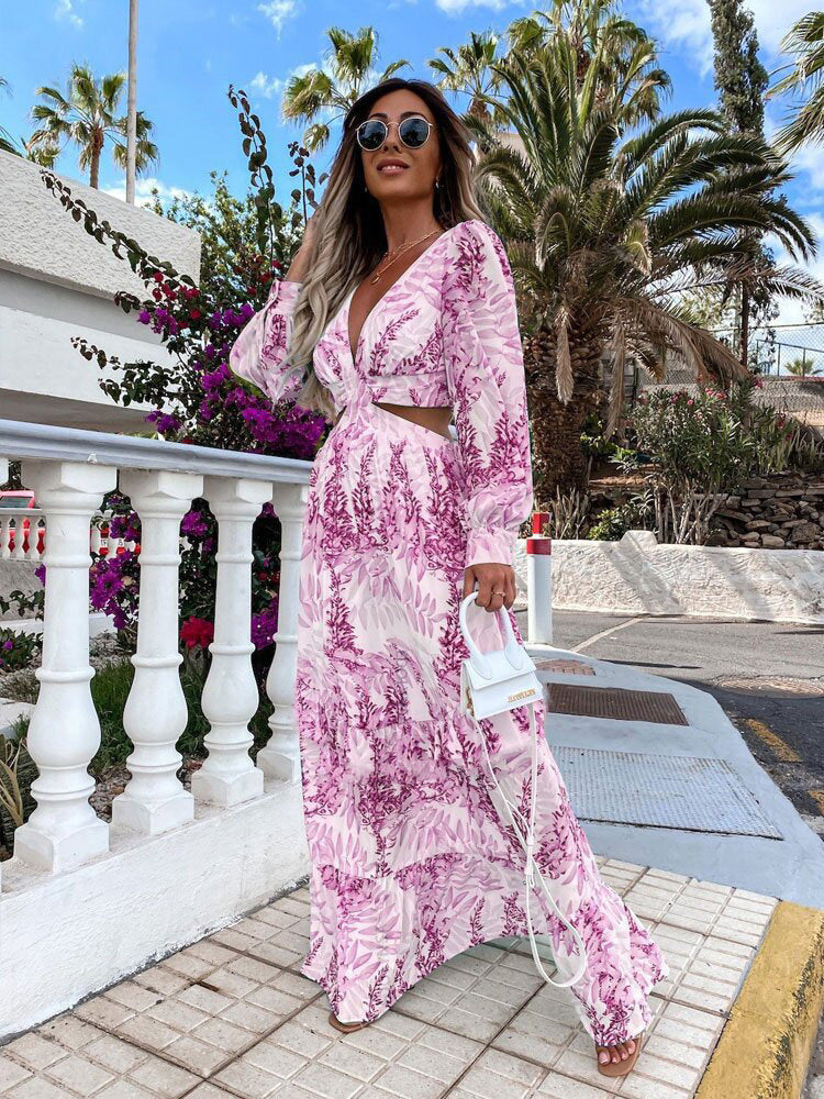 Women Wear Spring Long Printed V neck Long Sleeve Elegant Dress by Ragazza